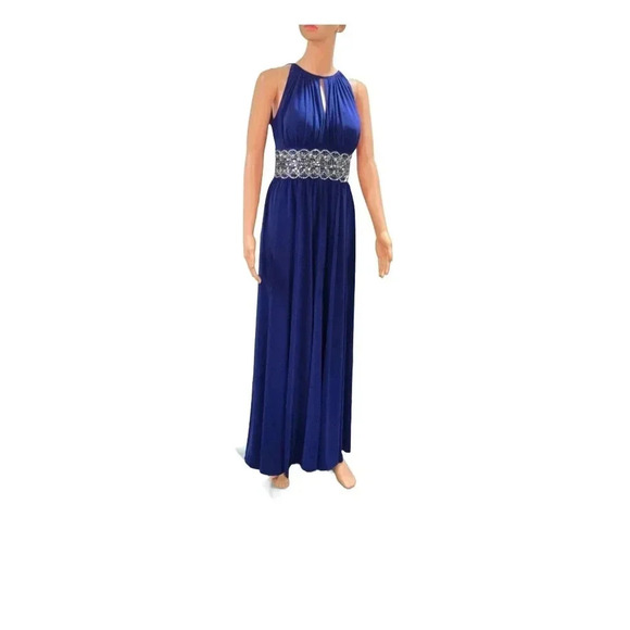 Royal Blue Sleeveless Evening Gown with Embellished Waist and Keyhole Neckline - Picture 4 of 11